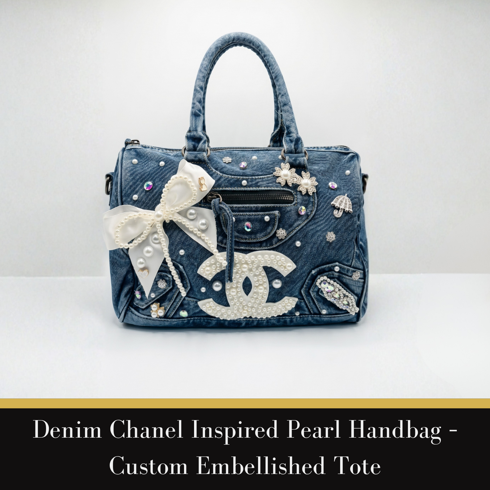 Denim Chanel Inspired Pearl Handbag – Custom Embellished Tote
