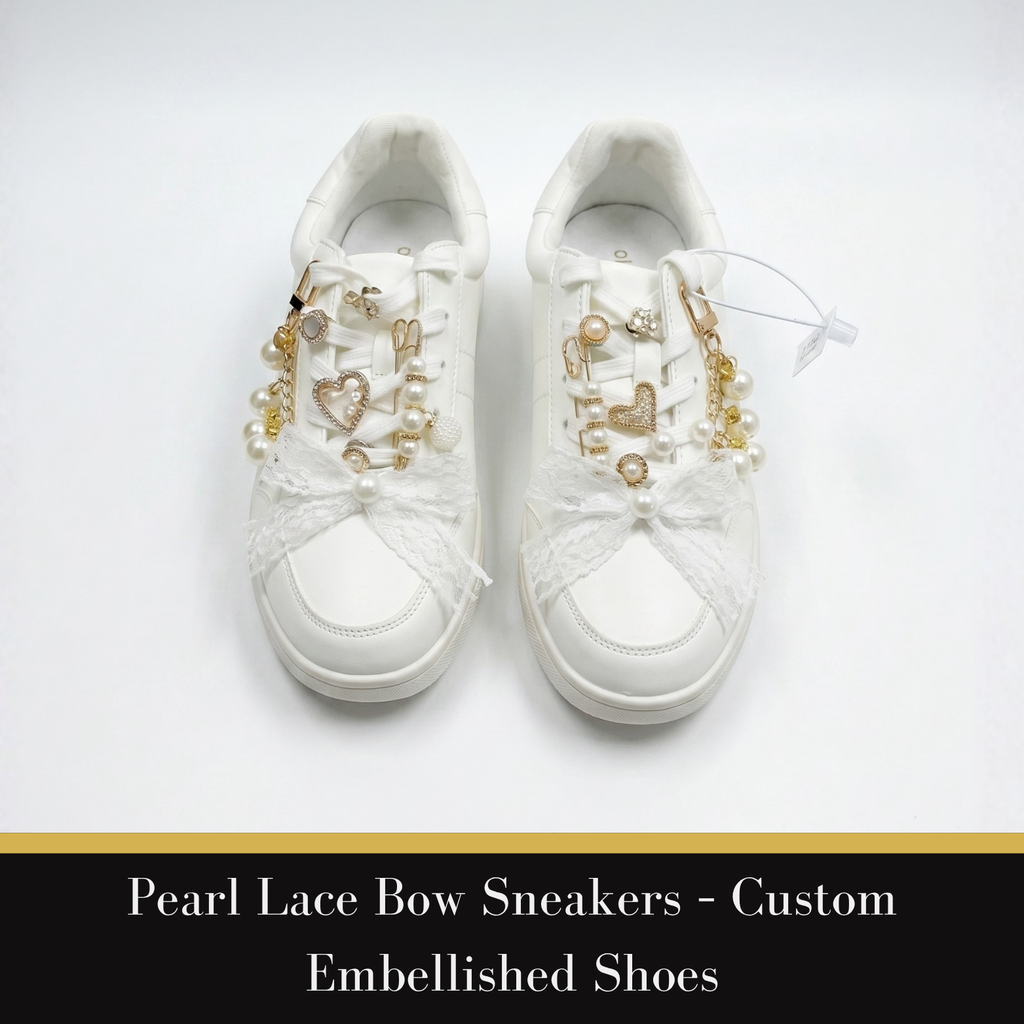 Pearl Lace Bow Sneakers — Custom Embellished Shoes