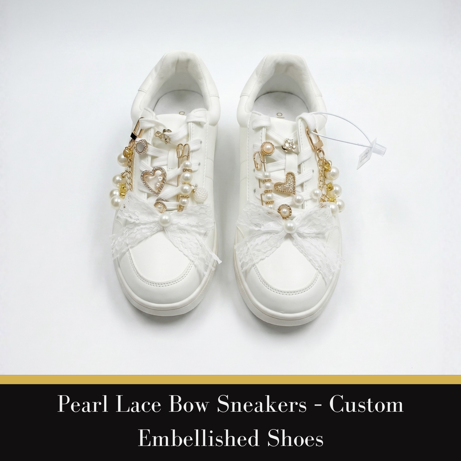 Pearl Lace Bow Sneakers — Custom Embellished Shoes