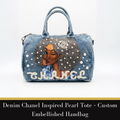 Denim Chanel Inspired Pearl Tote – Custom Embellished Handbag