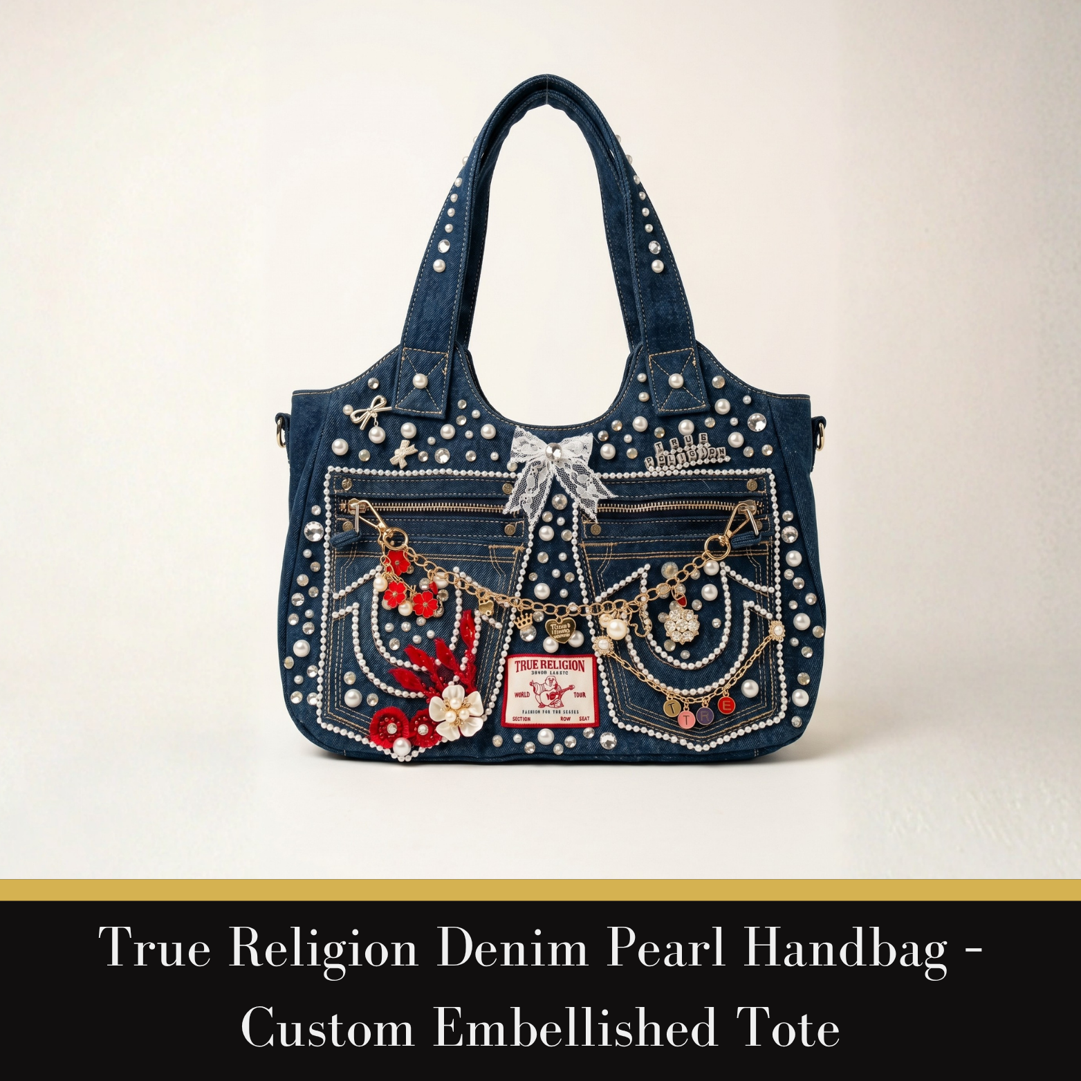 True Religion Denim Pearl Handbag – Custom Embellished Tote