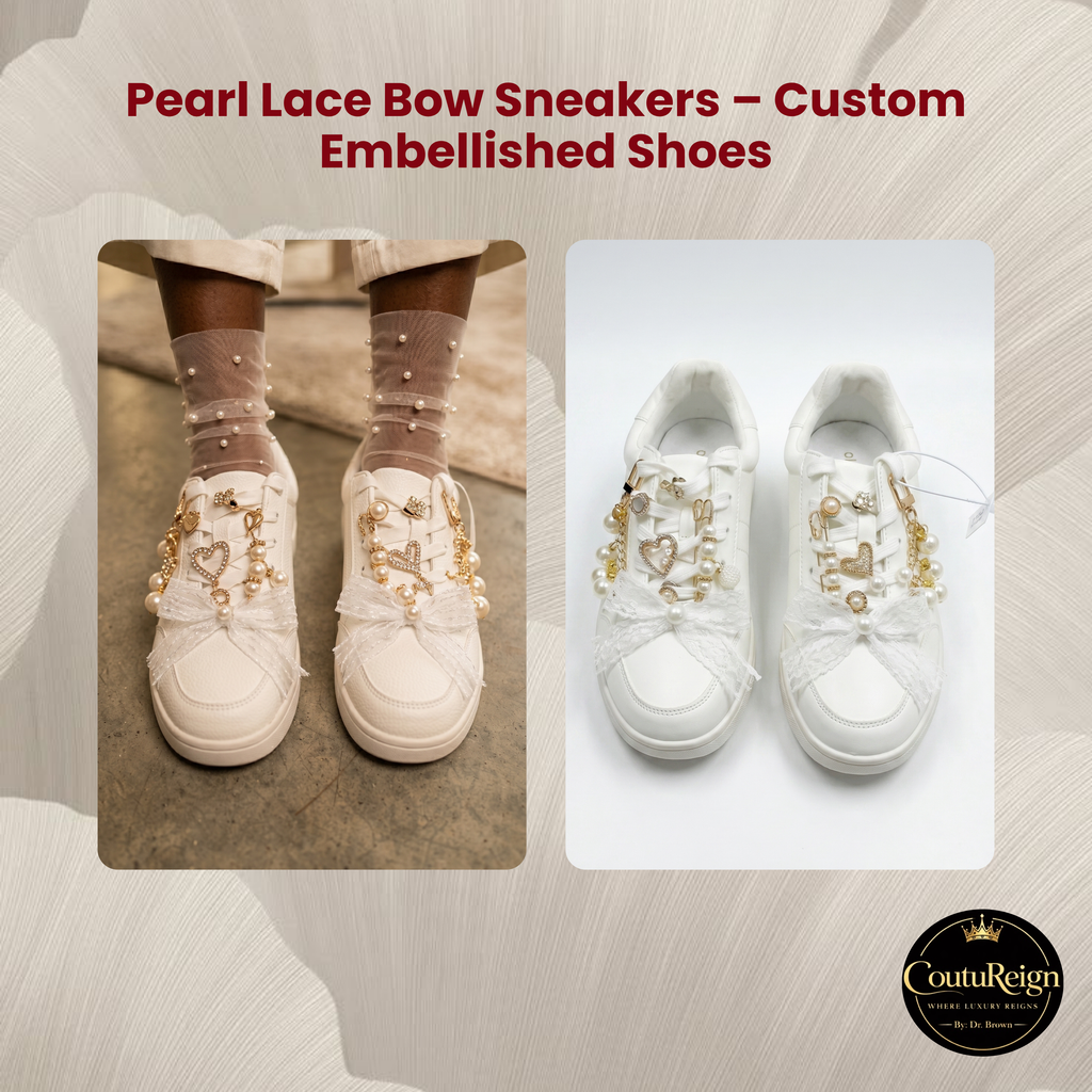 Pearl Lace Bow Sneakers — Custom Embellished Shoes