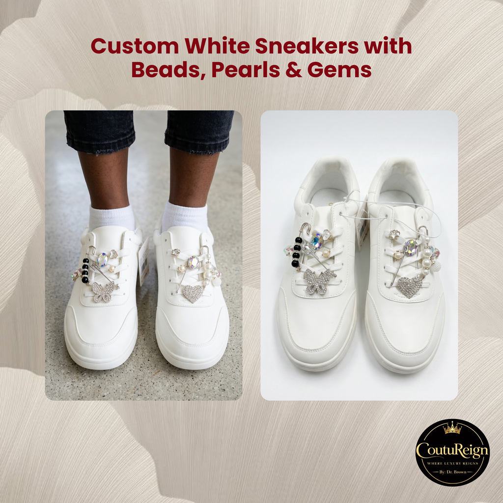 Custom White Sneakers with Beads, Pearls & Gems