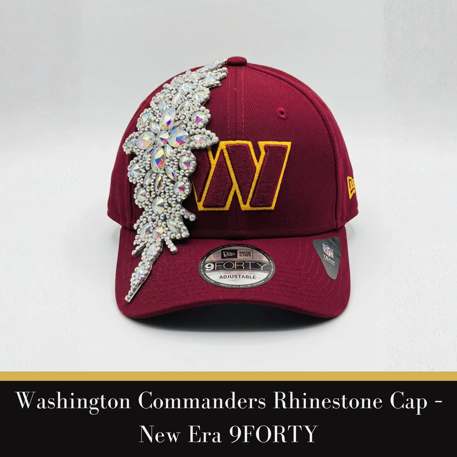 Washington Commanders Rhinestone Baseball Cap – New Era 9FORTY Adjustable, Custom Embellished NFL Hat