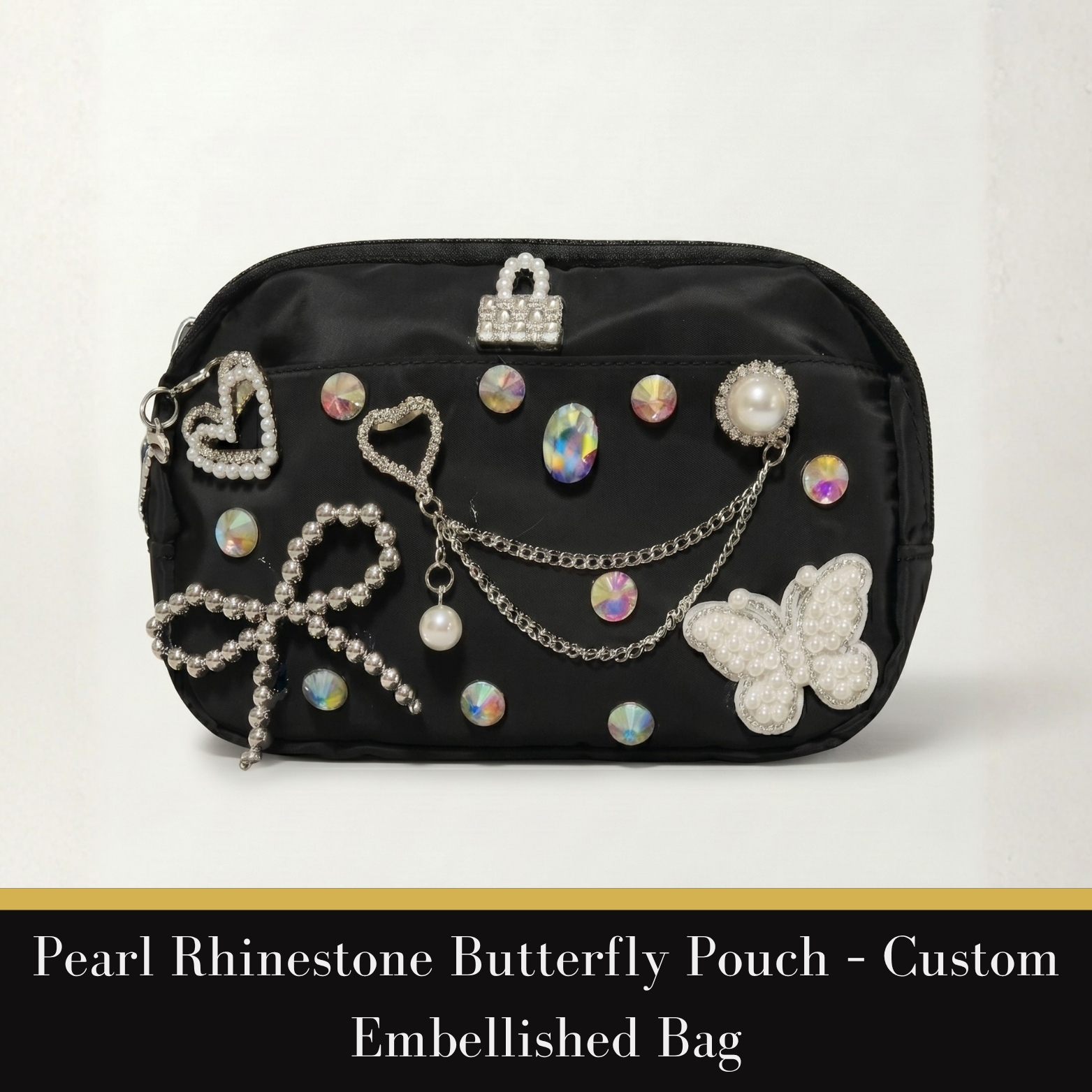 Pearl Rhinestone Butterfly Pouch – Custom Embellished Bag
